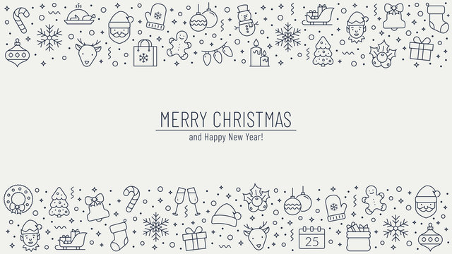 Christmas background with outline icons. Vector greeting banner.