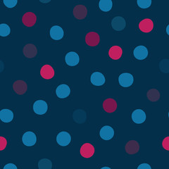 Fototapeta na wymiar Dark blue background with pink and blue polka dots vector pattern.