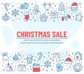 Christmas sale - banner with outline icons. Vector.