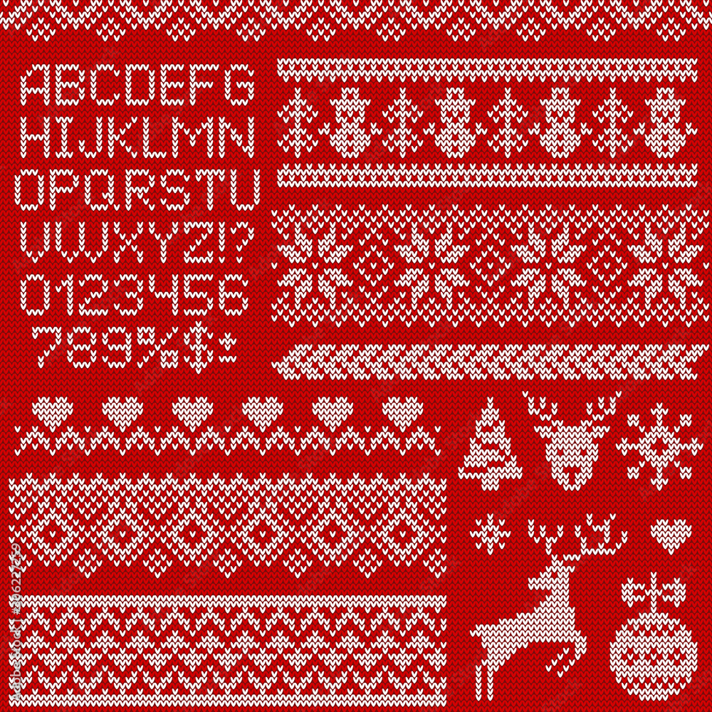 Wall mural knitted sweater patterns, elements and letters. vector set.