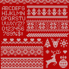 Knitted sweater patterns, elements and letters. Vector set.