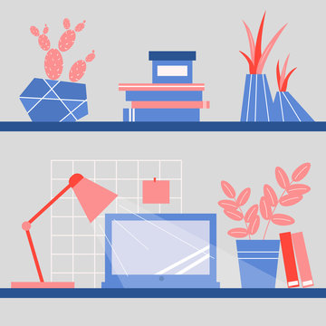 shelves with books, flowers, laptop. mudboard for notes. vector illustration. flat style.