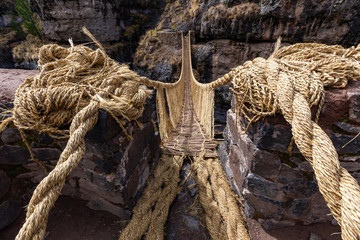 Inca Qeswachaka bridge made of grass.
