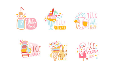 Milkshake and Ice-Cream Labels Original Design Vector Set