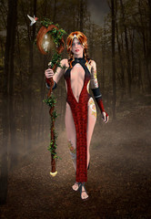 Beautiful redhead princess wandering across the misty forest, 3D illustration