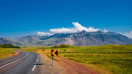 Papier Peint photo Atlantic Ocean Road Icelandic colorful and wild landscape and asphalt road at summer time and blue sky, Iceland, panorama