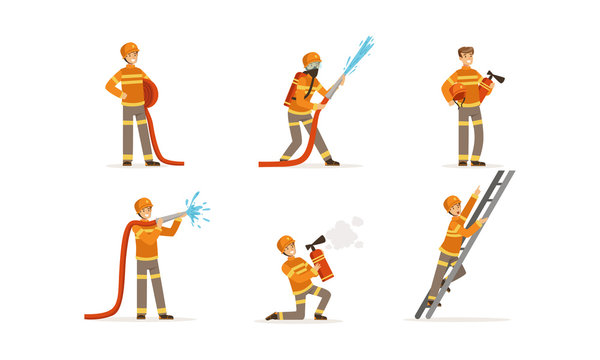 Young Firefighter Wearing Uniform Performing His Duties And Saving People Vector Illustrations