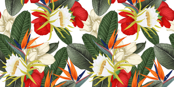 Seamless floral pattern with tropical flowers on light background. Template design for textiles, interior, clothes, wallpaper. Vector illustration.  Botanical art.  Engraving style