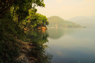  The calm and quiet Lake Feva at sunset is the main attraction of the city of Pokhara