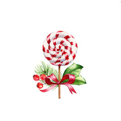 Watercolor lollypop with Christmas decor. Hand painted illustration with red candy. Food art isolated on white background for winter holiday season, greeting cards, banners, calendars