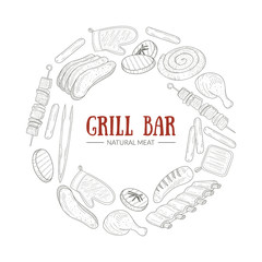 Circular Frame with Barbecue Food Items Vector Template