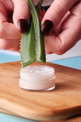 woman blogger holding aloe vera leaf cutted in half showing how to make moisturizing cream
