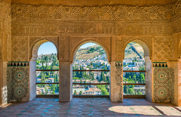 The picturesque Albaicin district in Granada as seen from the Alhambra Palace. Andalusia, Spain. - obrazy, fototapety, plakaty