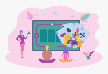 A people plays poker online and a casino table with cards and chips. Online poker, prize card, online gambling. Colorful vector illustration