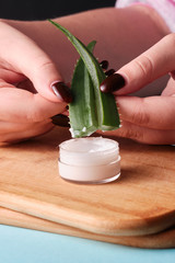 woman blogger holding aloe vera leaf cutted in half showing how to make moisturizing cream