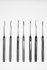 surgical dental instruments, photo in black and white style