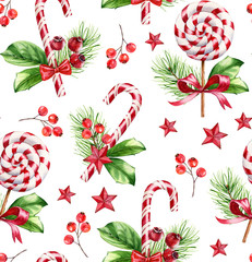 Watercolor Christmas seamless pattern. Hand painted illustration with red candy cane, lollypop and decor. Surface design for winter holidays, greeting cards, wrapping paper