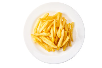 fried potatoes in a white plate on a white background isolated, top view.