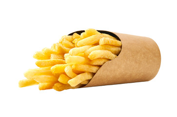 french fries in a paper cup isolated on white background.