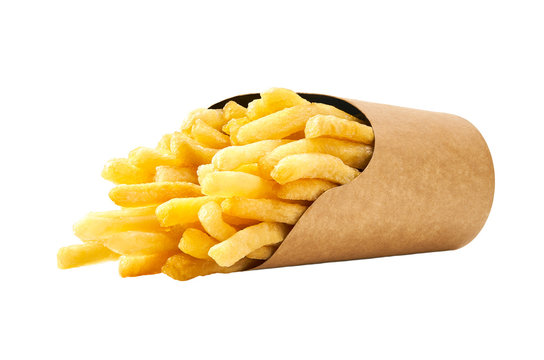 french fries in a paper cup isolated on white background.