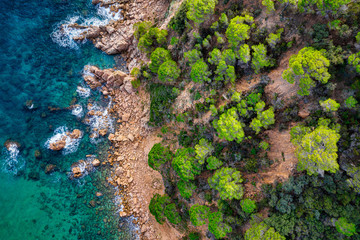 Sea Aerial view. Top view, nature background. Azure sea beach with rocky mountains and clear water at sunny day. Flying drone. Tropical trees. - 306230821