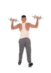 Naklejka na ściany i meble Young man standing from back with two dumbbells