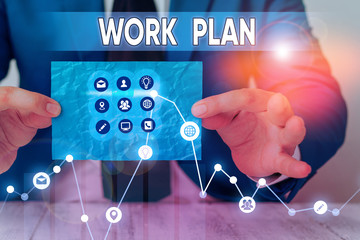 Text sign showing Work Plan. Business photo showcasing project to be accomplished and outlines how...