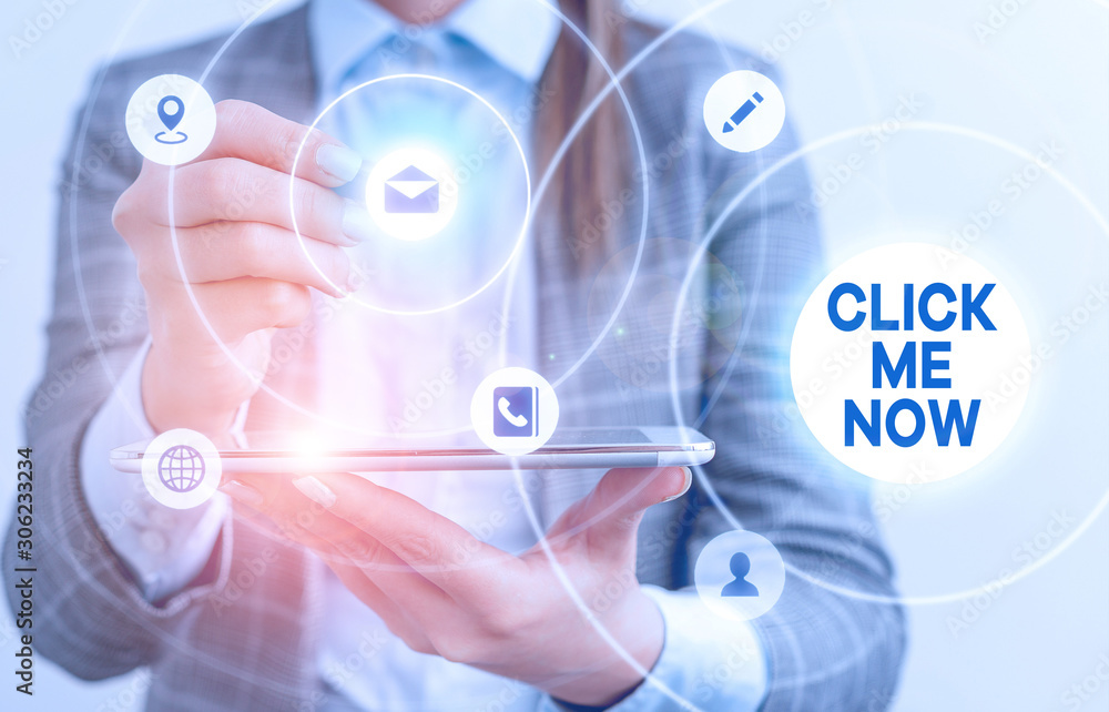 Poster writing note showing click me now. business concept for internet helping desk press the button onlin