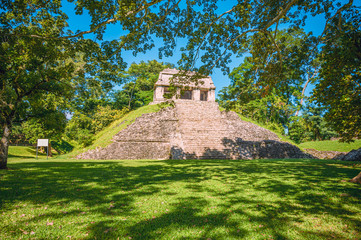 Fototapeta na wymiar Mayan pyramid. Ancient Mayan ruins in Palenque, Chiapas, Mexico. Mayan ruins in the middle of the jungle on a sunny day.