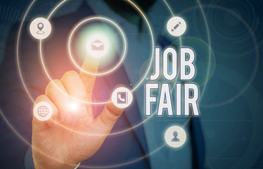 Obraz premium Conceptual hand writing showing Job Fair. Concept meaning event in which employers recruiters give information to employees