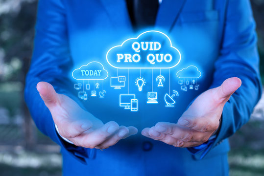 Word writing text Quid Pro Quo. Business photo showcasing A favor or advantage granted or expected in return of something