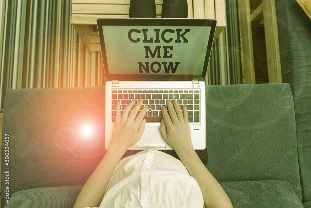Poster writing note showing click me now. business concept for internet helping desk press the button onlin