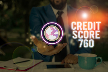 Conceptual hand writing showing Credit Score 760. Concept meaning numerical expression based on level analysis of demonstrating