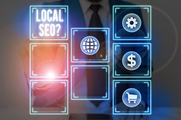 Writing note showing Local Seoquestion. Business concept for incredibly effective way to market...