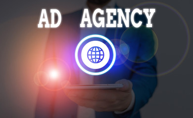 Text sign showing Ad Agency. Business photo showcasing business dedicated to creating planning and handling advertising