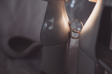 Gold wedding rings. Wedding ceremony.