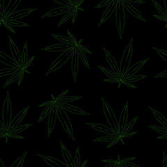 green outline of hemp leaves on a black background. Seamless pattern