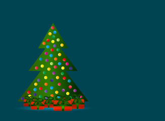 a green tree shining from below with multi-colored round balls and boxes with green bows under a Christmas tree on an emerald background