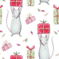Washable wall murals Watercolor set 1 Cute gray mouse or rat 2020. Merry Christmas seamless pattern with watercolor illustration of a baby mice animals with sweet candies, a symbol of 2020 a white background. Winter new year design.
