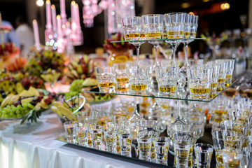 Alcoholic beverages on buffet table