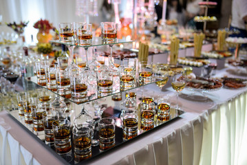 Alcoholic beverages on buffet table