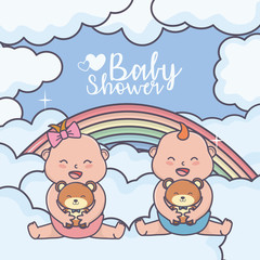 baby shower little boy and girl with teddy bear rainbow clouds