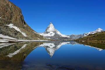 Riffelsee lake reflection of Matterhorn, Zermatt Switzerland