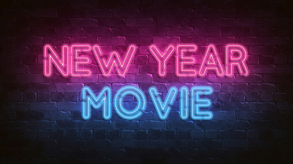 New Year movie neon sign. blue glow. neon text. Night lighting on the wall. 3d render. Holiday background. Greeting card for decorative design. New year christmas. Trendy Design. bright advertisement.