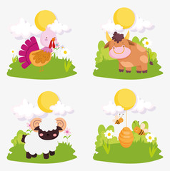 farm animals cute turkey cow goat bees sky sun clouds