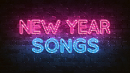 Fototapeta na wymiar New Year songs neon sign. purple and blue glow. neon text. Night lighting on the wall. 3d illustration. Holiday background. Greeting card for decorative design. New year christmas. Trendy Design.