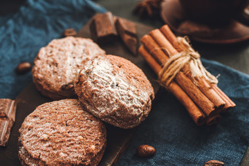 Homemade bakery, chocolate cookies with powdered sugar, cinnamon sticks, star anise on blue napkin, dark background