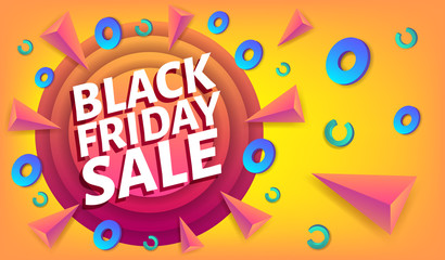 Black Friday Sale advertising blue and white web banner or poster, placard template with colorful abstract elements, vector illustration.