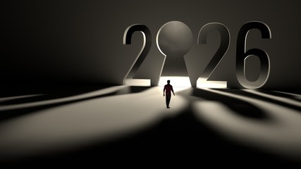 3D illustration of number 2026 with keyhole shaped zero and man standing in front looking towards it