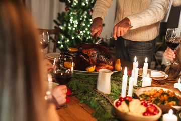 Cropped photo of caucasian people having Christmas dinner with turkey